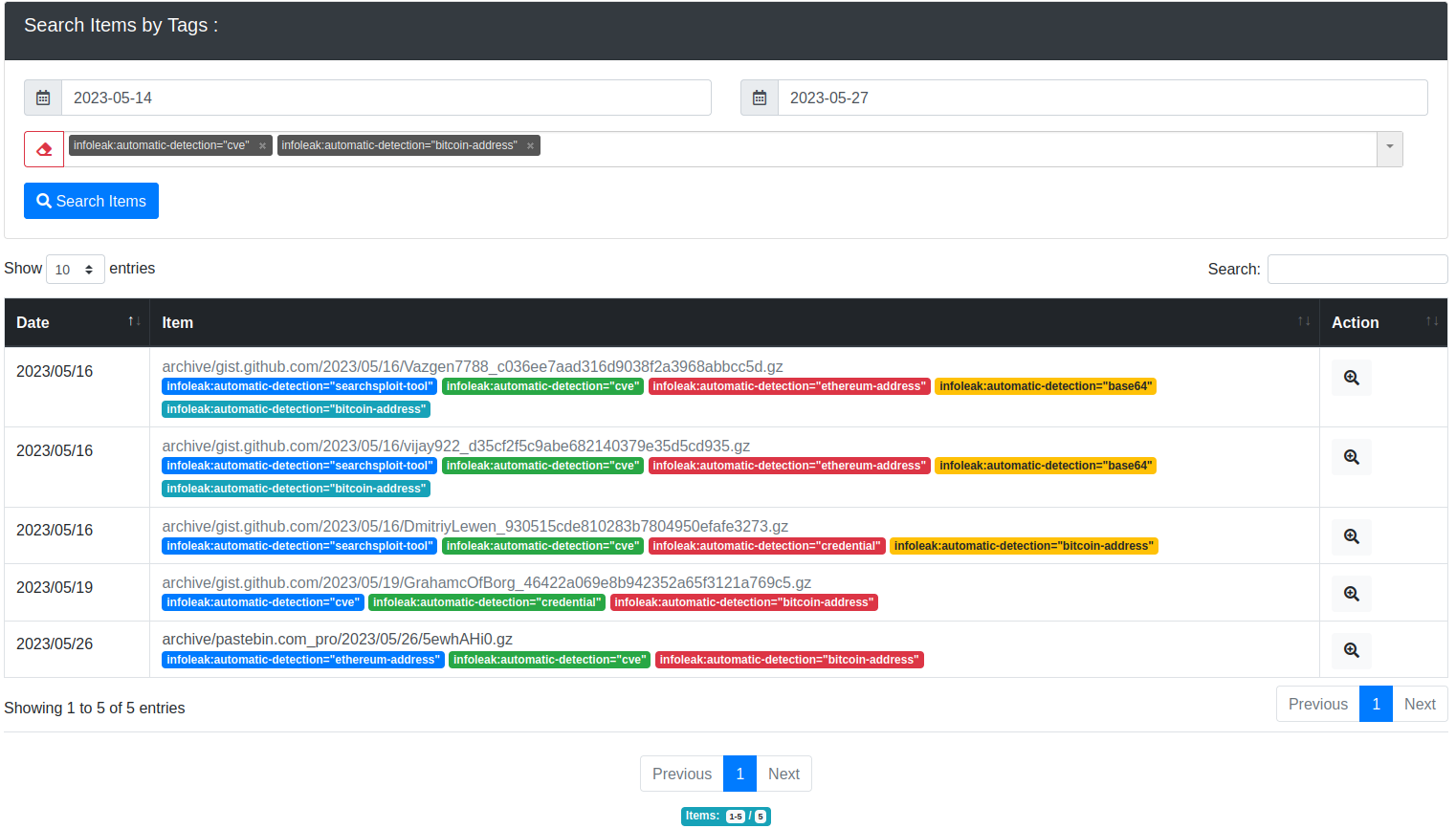 AIL framework tags items search Tags search