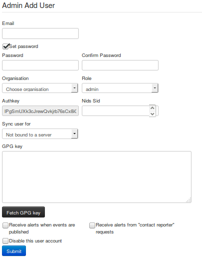 Fill this form out to add a new user. Keep in mind that the drop-down menu titled "Role" controls privileges the user will have.