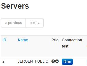 Screenshot showing the servers overview and the run connection test button