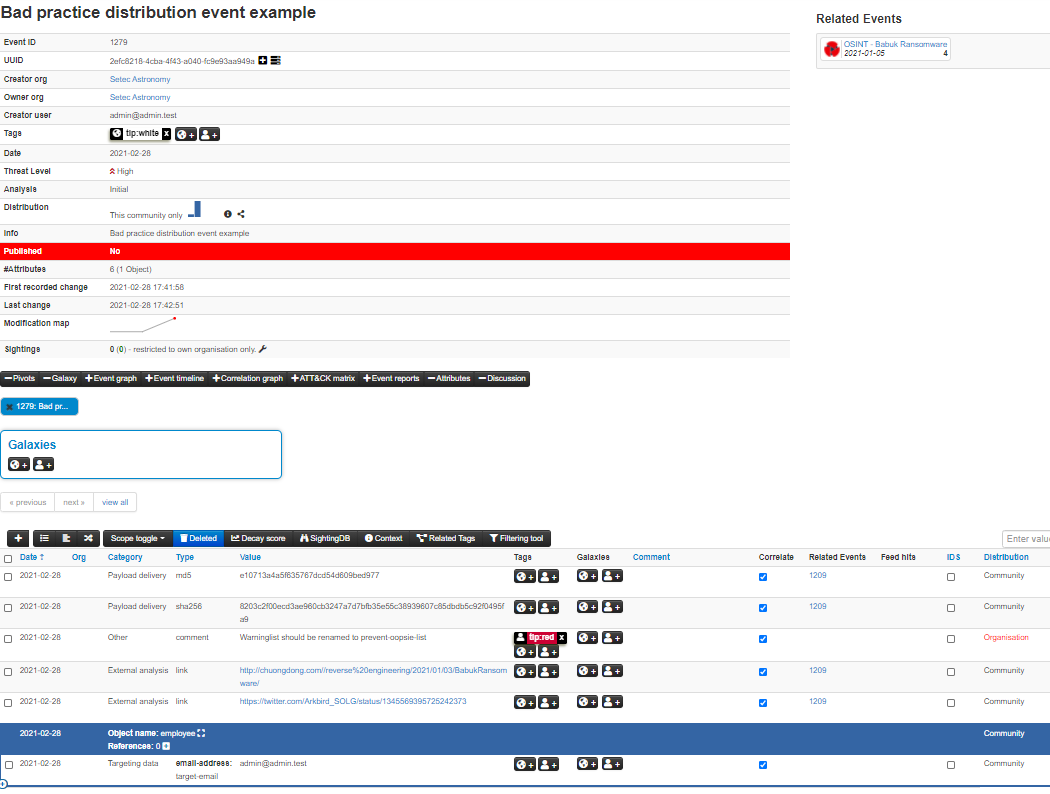 Screenshot of bad practice event example - distribution inheritance is not used