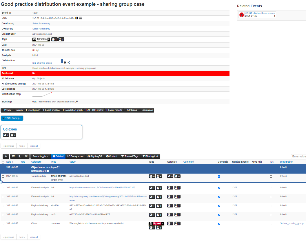 Screenshot of good practice event example with sharing group usage - inheritance is used where possible and only one attribute is set to a more restrictive sharing group