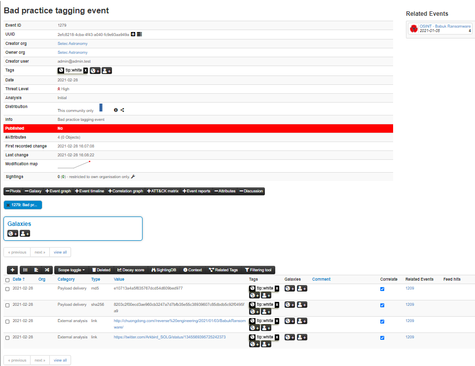 Screenshot of event tagged with tlp:white and tlp:white tag set at attribute level - bad practice