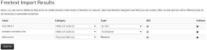 MISP will often find several valid category/type combinations for the values. Do last minute adjustments on the result page.