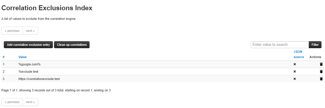 index view of correlation exclusions, showing examples of exclusions with a leading, ending wildcard