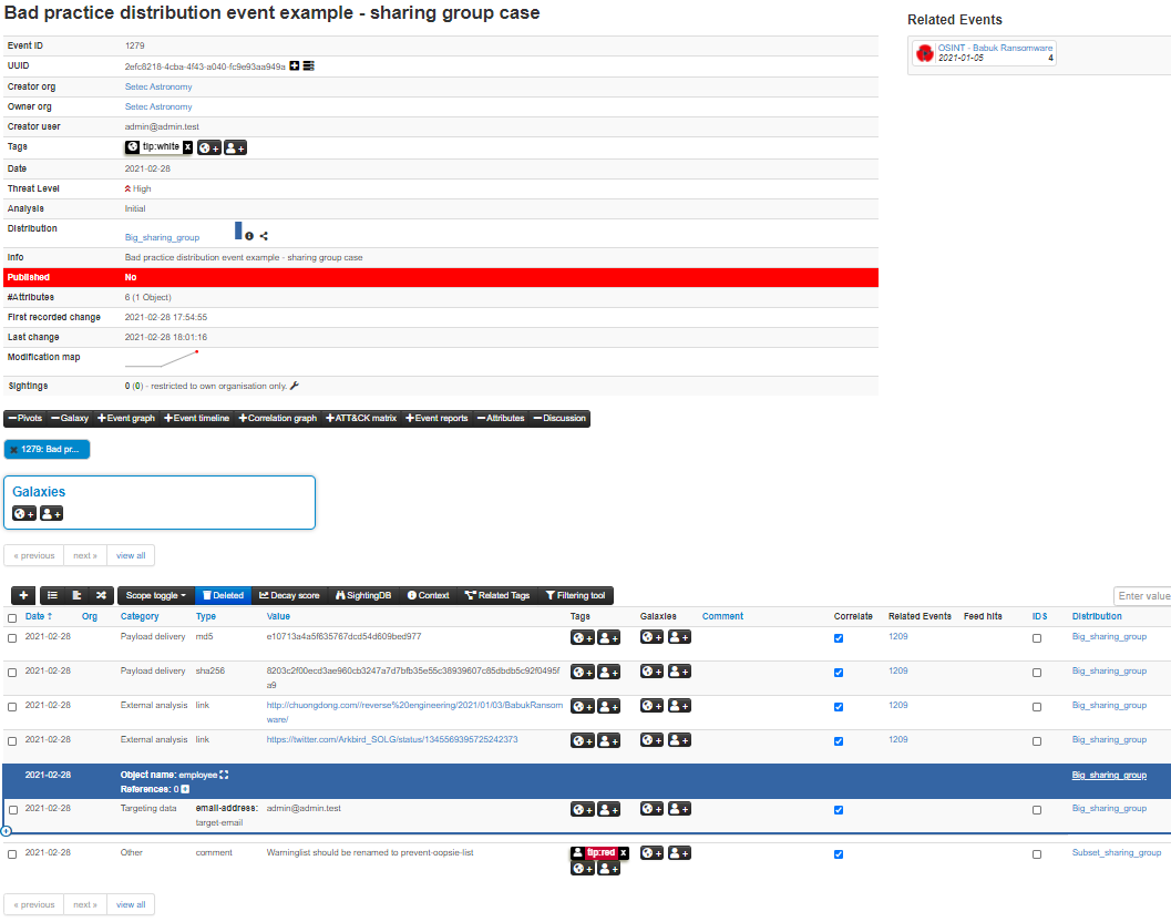 Screenshot of bad practice event example using sharing groups - Instead of using inheritance the same sharing group as the one set at event level is also specifically set for most attributes