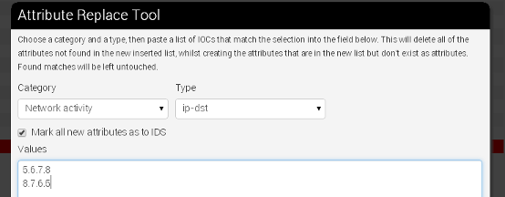 Select a category/type combination and paste the updated list of indicators into the textarea.